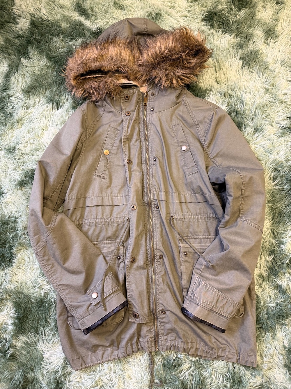 Women's Olive Green Hooded Parka Jacket with Faux Fur Trim
